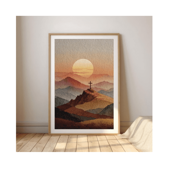 Mountain Cross Sunset Christian Watercolor Style Faith Wall Art