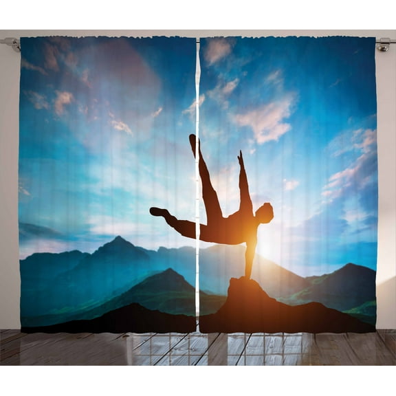 Mountain Curtains 2 Panels Set, Man Jumping over Rocks Action Mountains Recreation Scenic Sunset Landscape Image, Window Drapes for Living Room Bedroom, 108W X 108L Inches, Multicolor, by Ambesonne