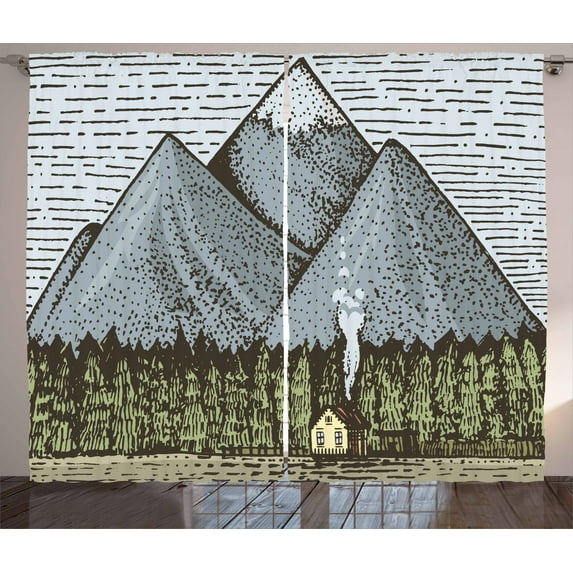 Ambesonne Mountain Curtains 2 Panel Set, Sketchy Countryside, 108" x 96", Slate Blue Green Taupe