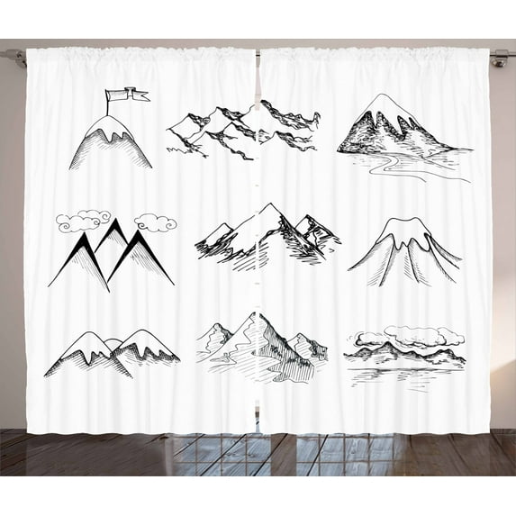 Ambesonne Mountain Curtains 2 Panel Set, Snowy Peaks Doodle, 108" x 108", Black White