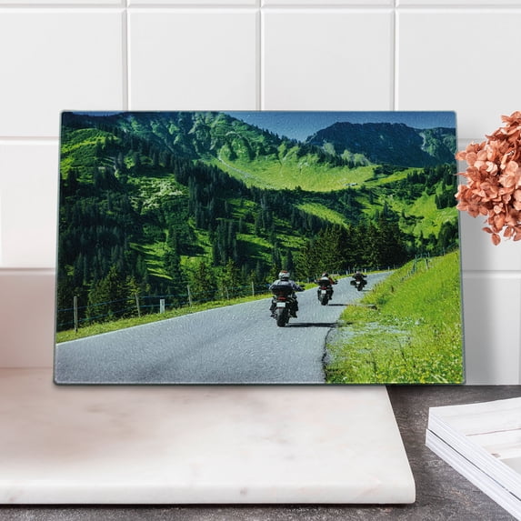Mountain Cutting Board, Bikers Riding on Mountainous Highway in the Alpine Mountains Digital Art Print, Decorative Tempered Glass Cutting and Serving Board, Small Size, Hunter Green, by Ambesonne