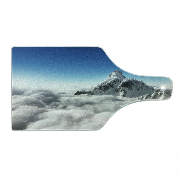 Mountain Cutting Board, Highest Mountain Above the Clouds with Clear Sunny Sky Background Earth is Magic, Tempered Glass Cutting and Serving Board, Wine Bottle Shape, White Blue, by Ambesonne
