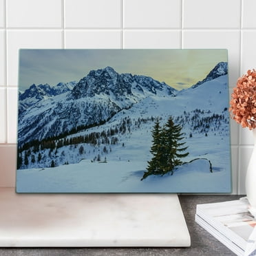 Mountain Cutting Board, Landscape of Snowy Mountain at Sunset Pine Trees Tranquility in Winter Theme, Decorative Tempered Glass Cutting and Serving Board, Large Size, White Green, by Ambesonne