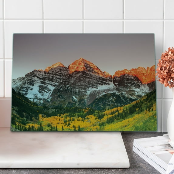 Mountain Cutting Board, Scenic Western American Mountains on Valley with Snowy Peaks at Sunset Landscape, Decorative Tempered Glass Cutting and Serving Board, Large Size, Multicolor, by Ambesonne