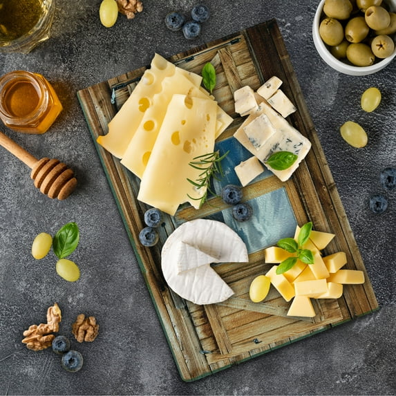 Mountain Cutting Board, Mountain and Sky View Wooden Shuttered Window Room on Top of the Hills Nature Look, Decorative Tempered Glass Cutting and Serving Board, Small Size, Multicolor, by Ambesonne