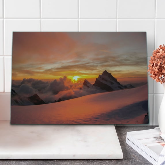 Mountain Cutting Board, Sunrise in Swiss Alps with View of Mountain Natural Paradise Theme, Decorative Tempered Glass Cutting and Serving Board, Large Size, White and Yellow, by Ambesonne