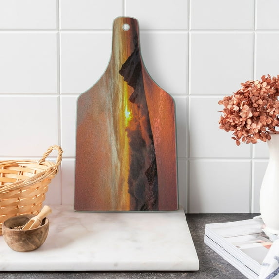 Mountain Cutting Board, Sunrise in Swiss Alps with View of Mountain Natural Paradise Theme, Decorative Tempered Glass Cutting and Serving Board, Wine Bottle Shape, White and Yellow, by Ambesonne