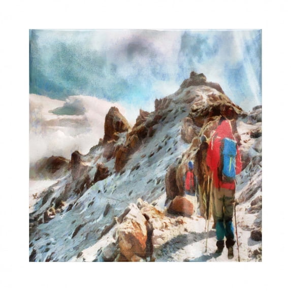 Mountain Decorative Napkins Set of 4, Group of Trekkers Hiking Among Snows of Kilimanjaro in Winter in Painting Style, Silky Satin Fabric for Brunch Dinner Party, 12", Multicolor, by Ambesonne