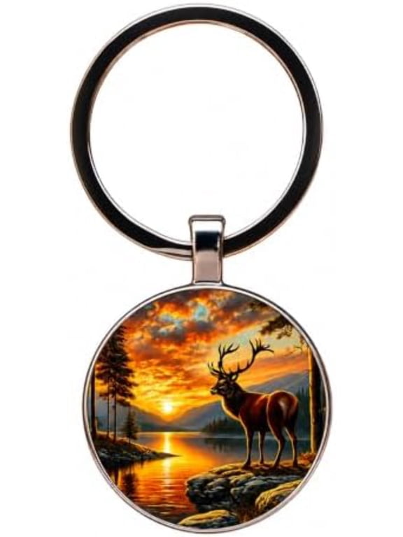 Mountain Deer Sunset Stained Glass Art Keychain, Nature Scene Design, Round Pendant (Rustic Deer Sunset)