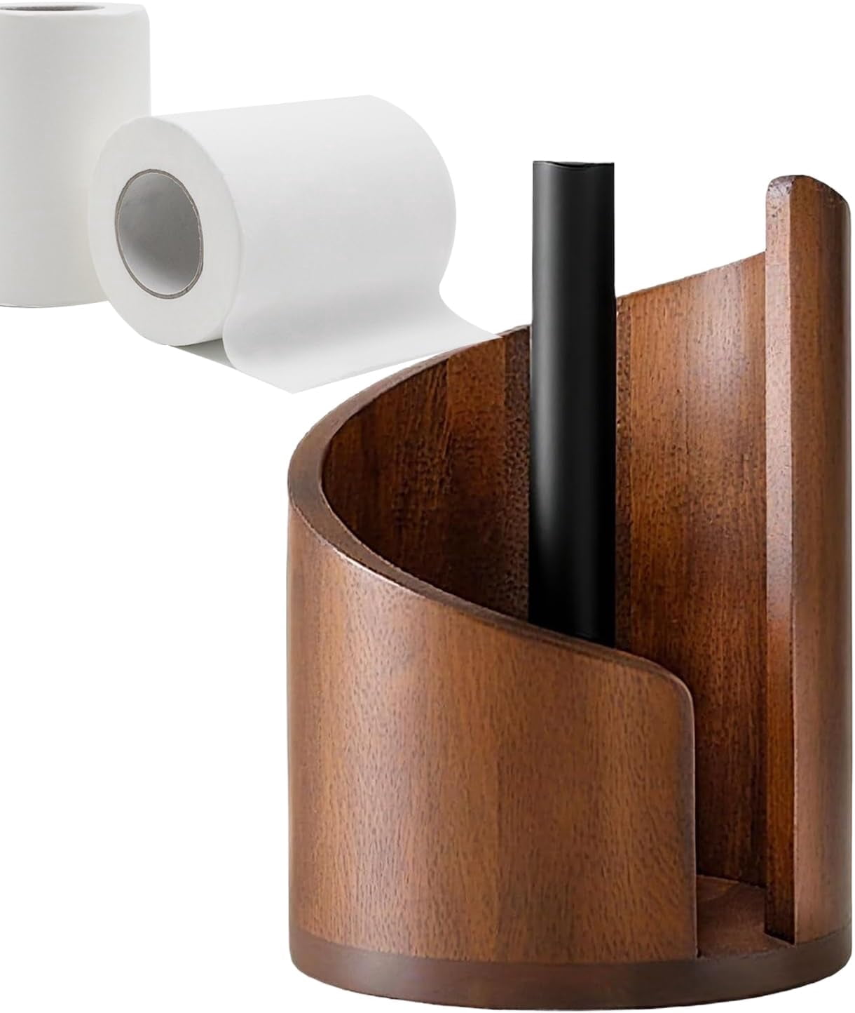 Mountain Design Countertop Paper Towel Holder – Mango Wood Round Base & Iron Roll Stand, Decorative Kitchen Dining Table Organizer for Home