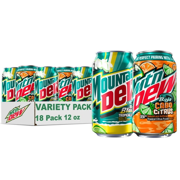 Mountain Dew Baja Blast Citrus Sunrise Soda Pop Variety Pack 12 fl oz cans, 18 count