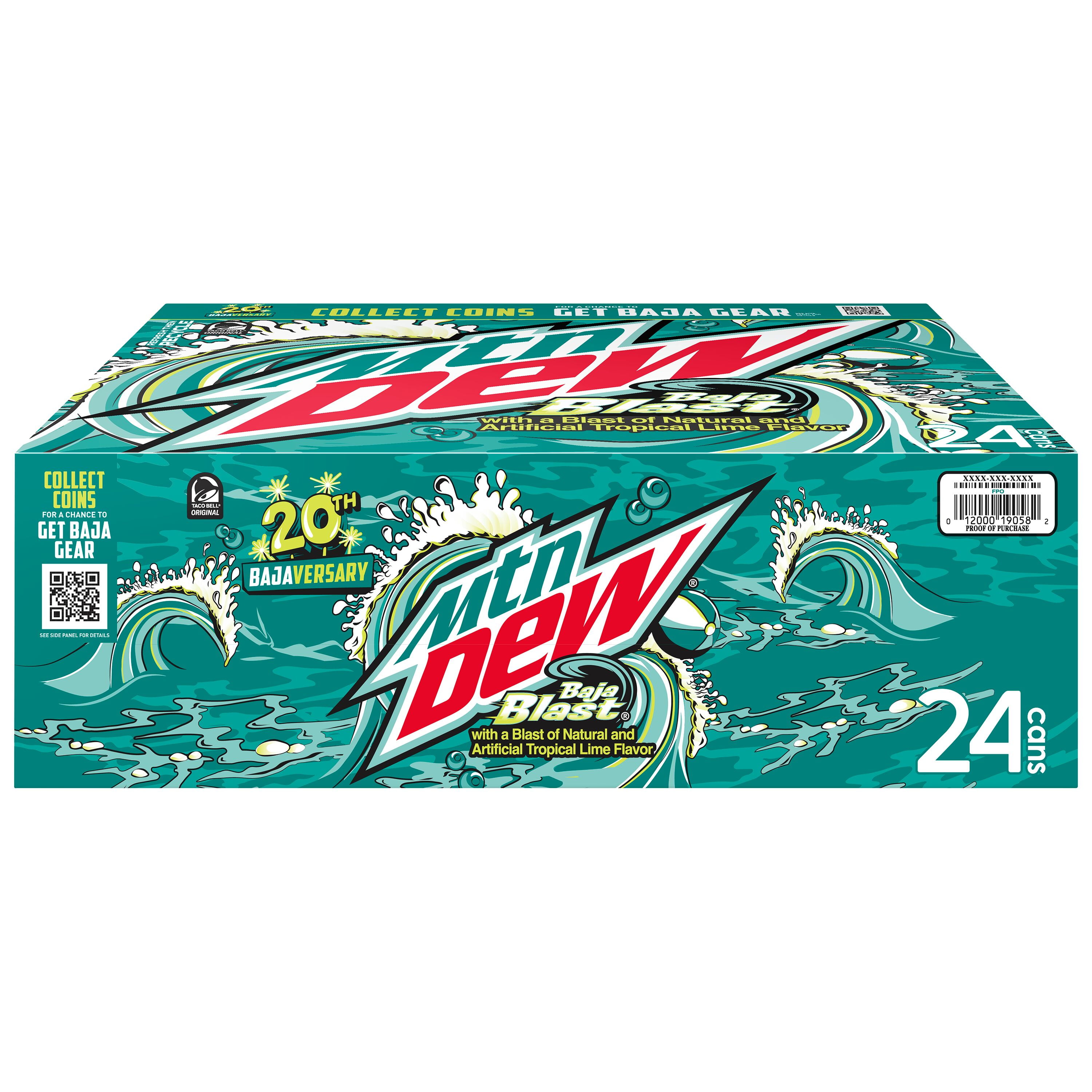 Mountain Dew Baja Blast Tropical Lime Soda Pop, 12 oz 24 Pack Cans