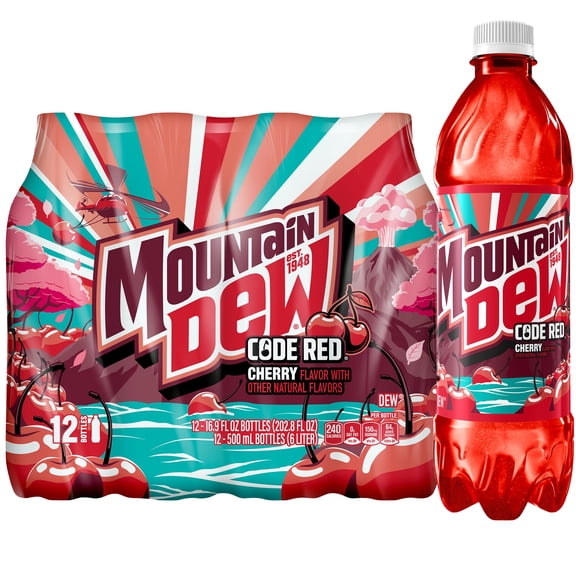 Mountain Dew Code Red Cherry Soda, 16.9 fl oz, 12 Count Bottles