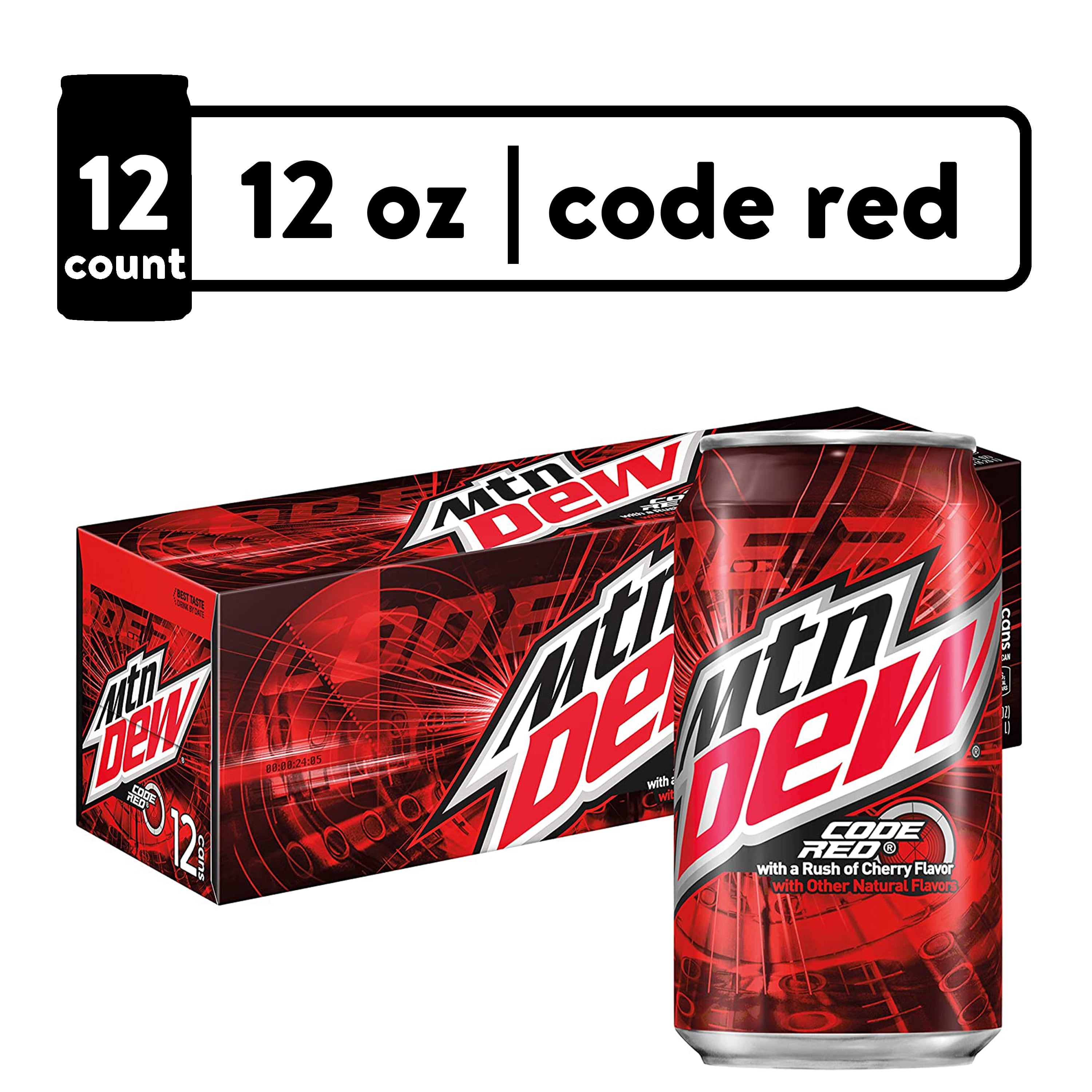 Mountain Dew Code Red, Cherry Flavored Soda Pop, 12 fl oz, 12 Pack