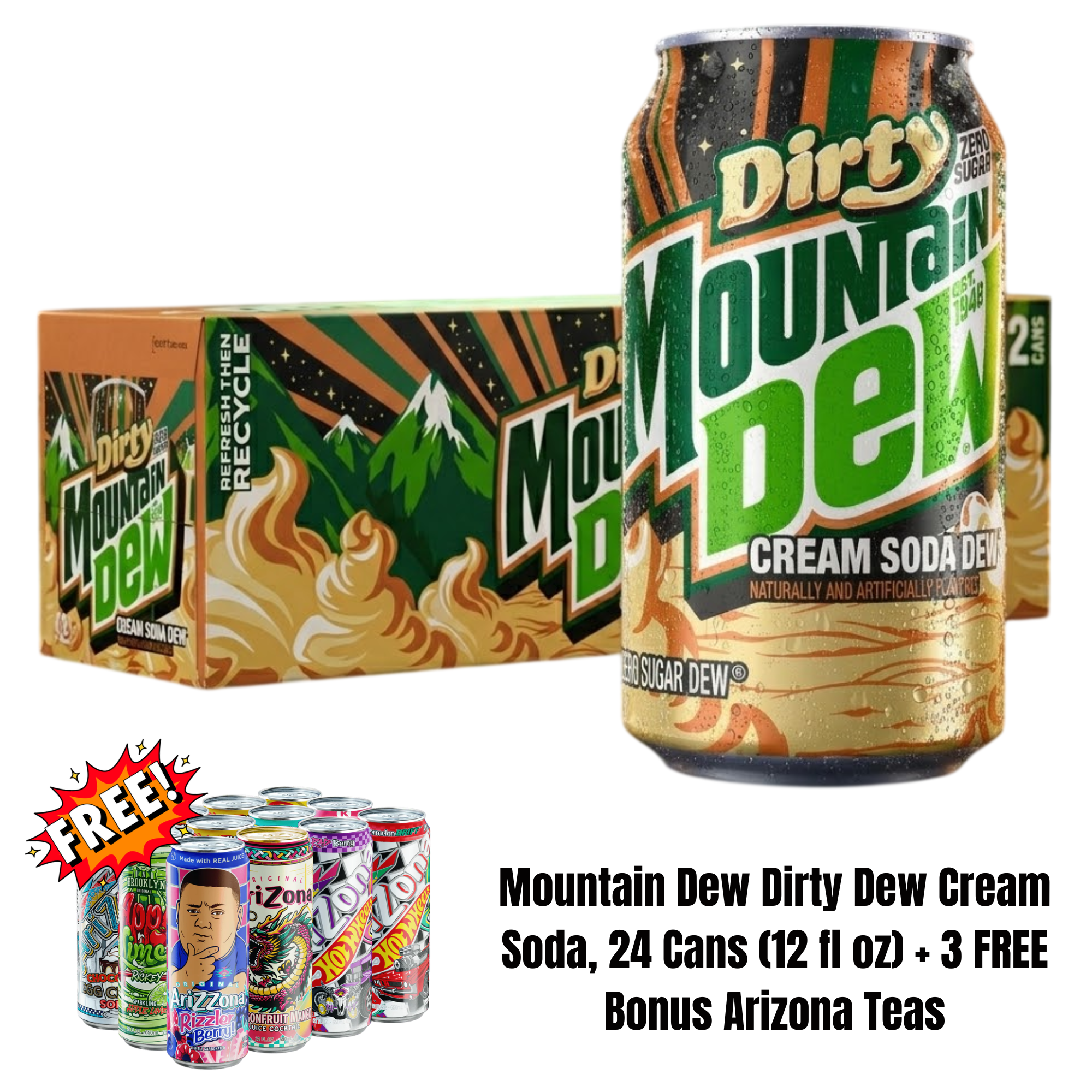 Mountain Dew Cream Soda Dew Zero Sugar 12oz 24 Pack Case + 3 FREE Arizona Teas