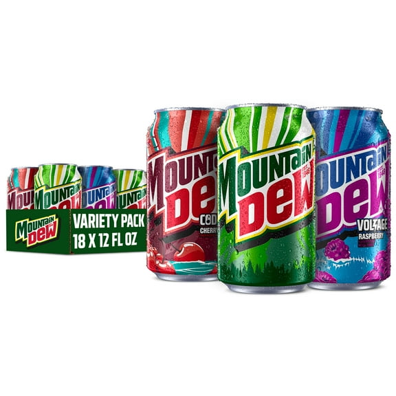 Mountain Dew Flavored Soda Pop Variety Pack, Original, Code Red, Voltage, 12 Ounce Cans, 18 Count