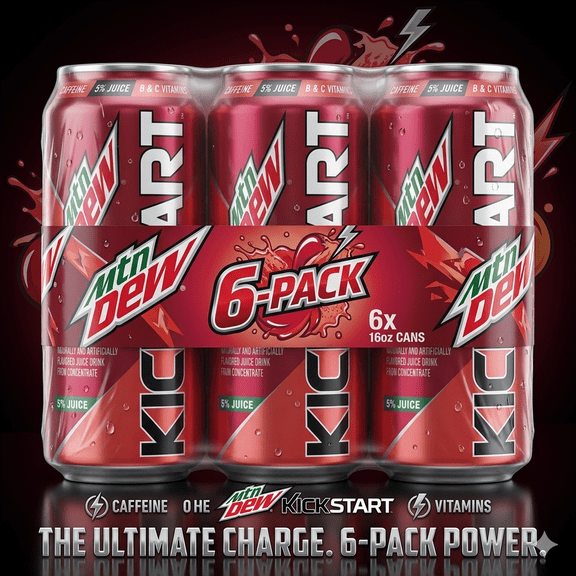 Mountain Dew Juice Drink, Fruit Punch Flavor, 16 fl oz Pack of 6