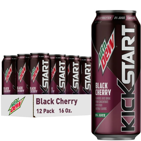 Mountain Dew Kickstart Sparkling Juice Beverage Energizing Black Cherry, 12 pack, 16 fl oz cans