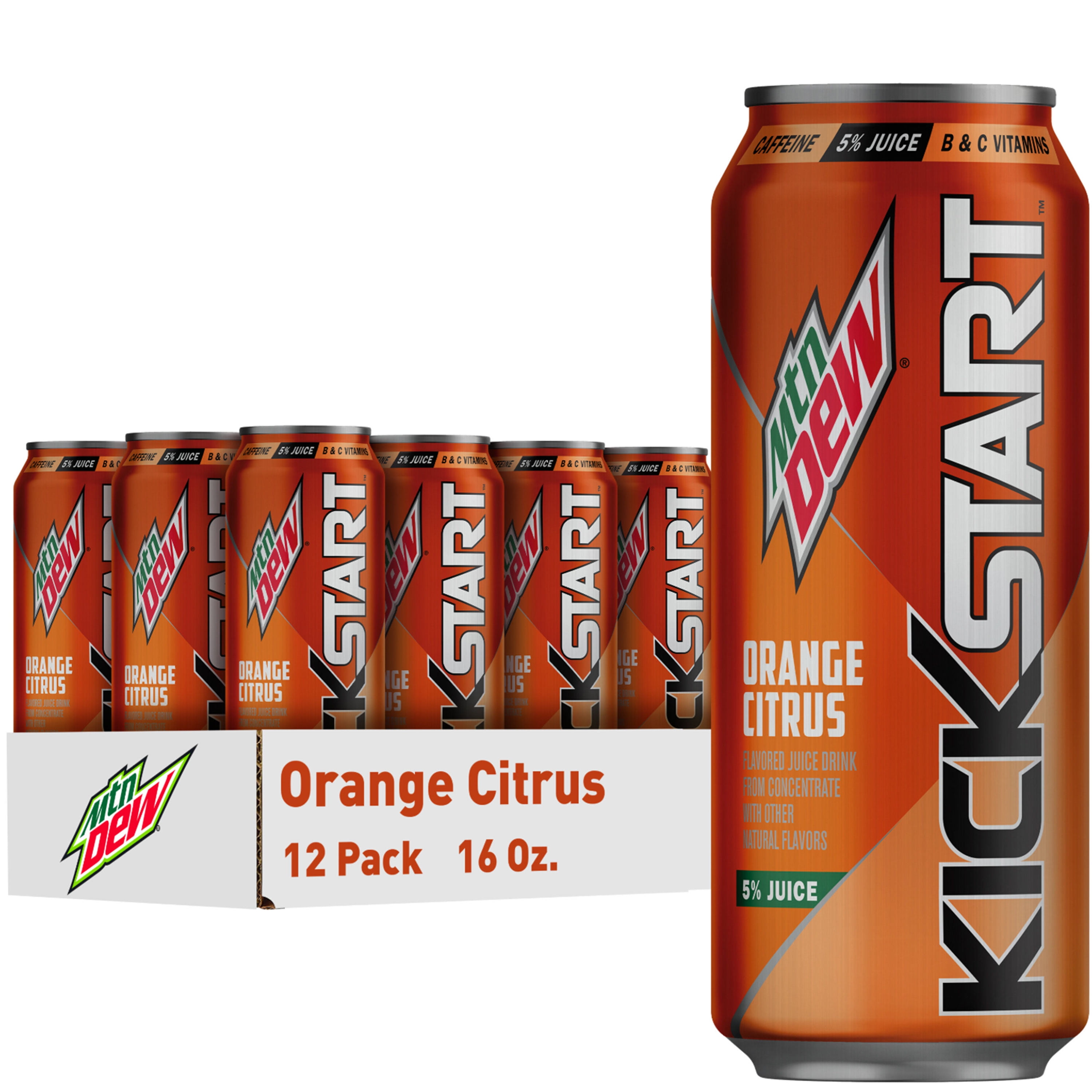 Mountain Dew Kickstart Flavored Juice Drink Energizing Orange Citrus, 12 pack, 16 fl oz cans
