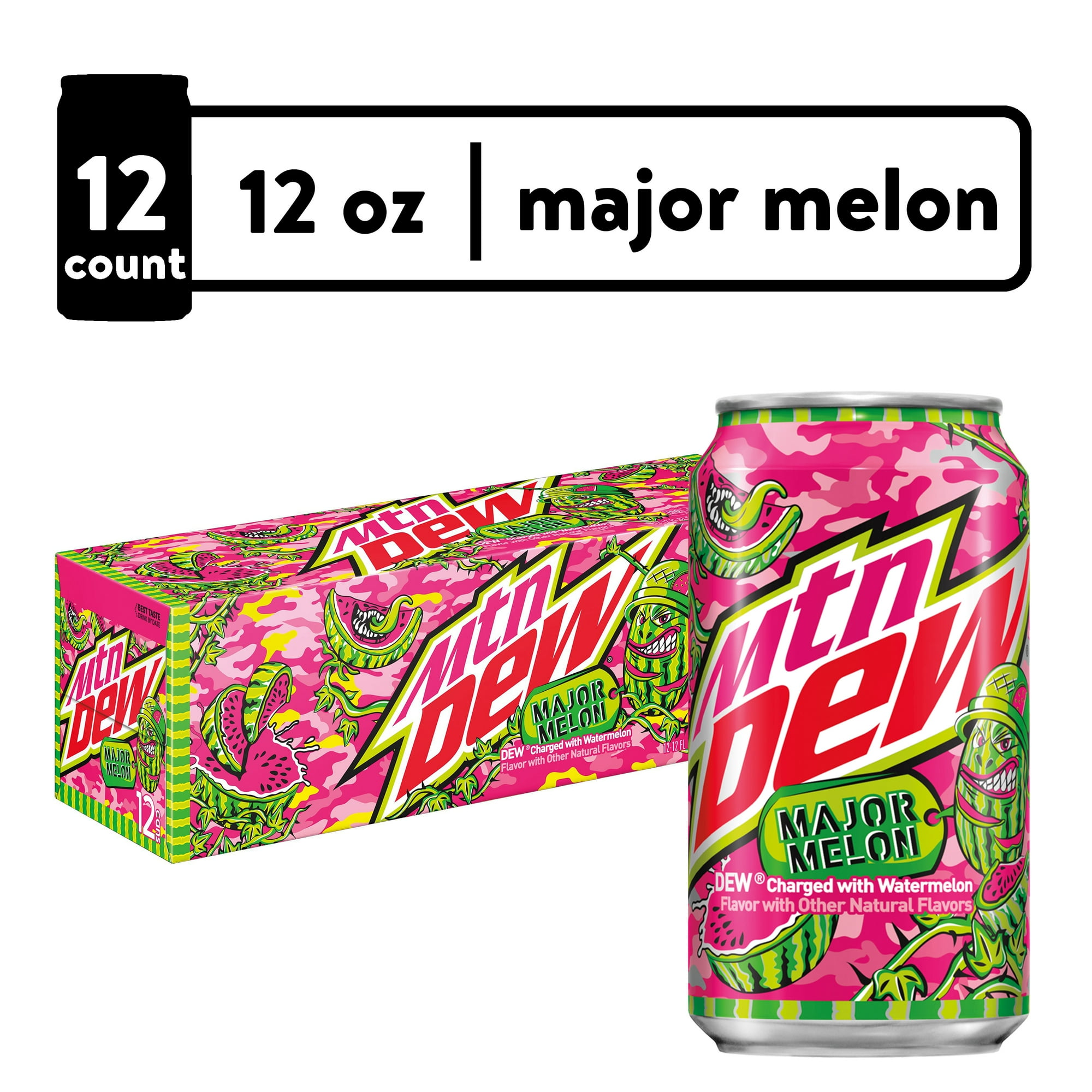 Mountain Dew Major Melon Watermelon Citrus Soda Pop, 12 fl oz, 12 Pack Cans