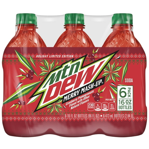 Mountain Dew Merry Mash-Up Soda Cranberry Pomegranate Soda Pop, 16 fl oz, 6 Pack Bottles