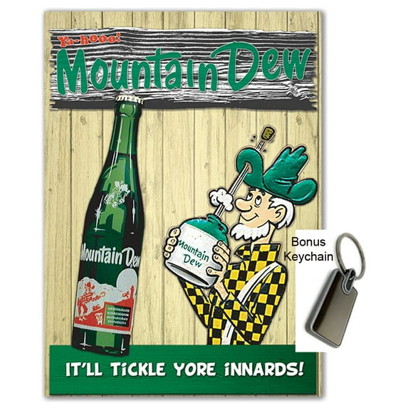Mountain Dew Nostalgic Metal Tin Sign 17x12 inch Retro Home Decor Plus Bonus Keychain