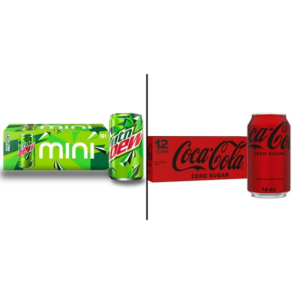 Mountain Dew Soda Mini Cans 7.5 fl oz Pack of 10 & Coke Zero Sugar Cola Soda 12 fl oz 12 Pack