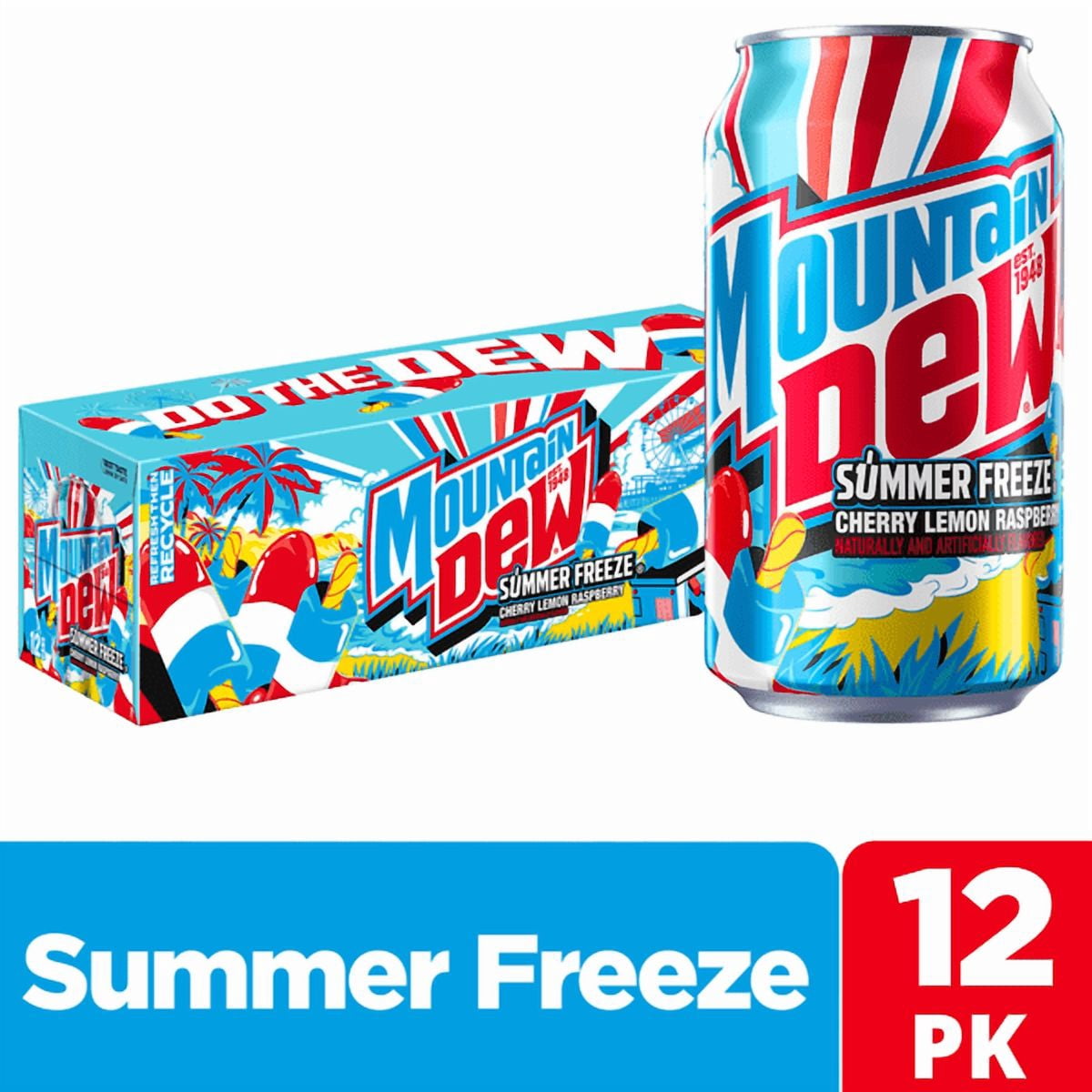 Mountain Dew Summer Freeze Soda, 12 fl oz Cans, 12 Pack – Limited Edition Red, White & Blue Flavor
