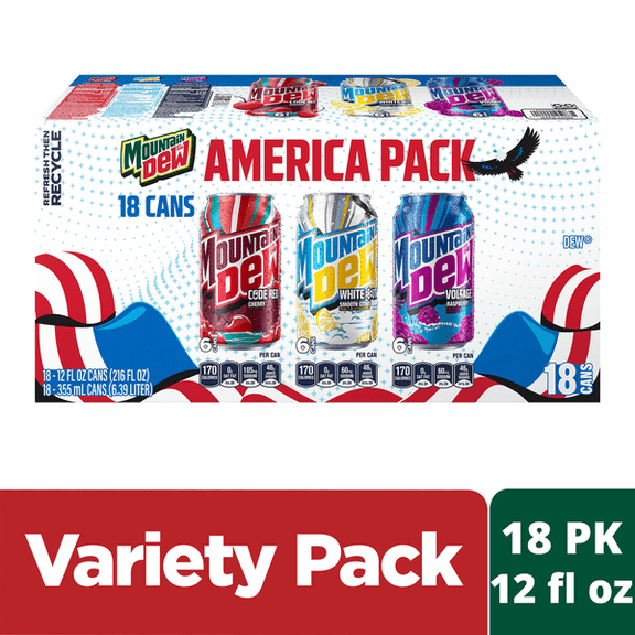 Mountain Dew Variety Pack Soda Cans, 12 fl oz, 18 Pack, Assorted Citrus Flavored Soft Drinks, Carbonated Beverage Variety Pack