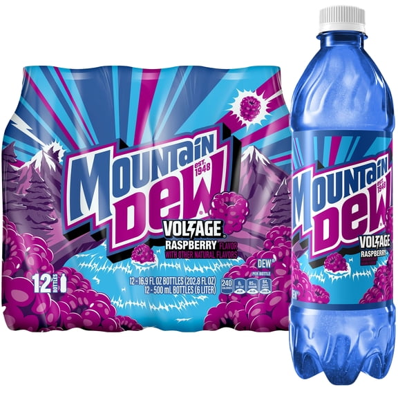 Mountain Dew Voltage Raspberry Citrus Ginseng Soda, 16.9 fl oz, 12 Count Bottles
