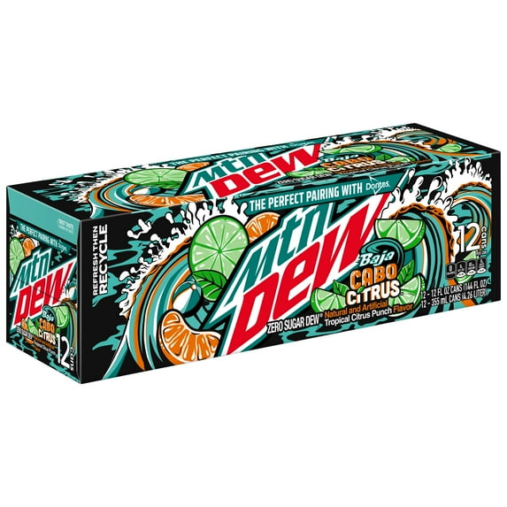 Mountain Dew Zero Sugar Baja Blast Soda Cabo Citrus, 12 fl oz 12 pack Cans