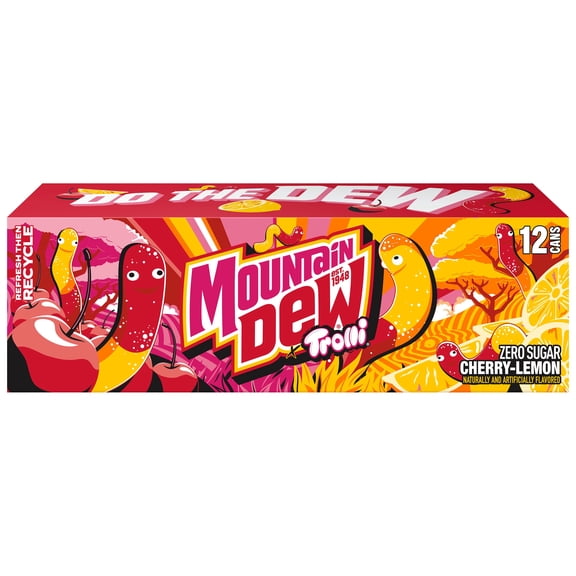 Mountain Dew Zero Sugar Cherry Lemon flavored Trolli, 12.0 fl oz, 12 Cans