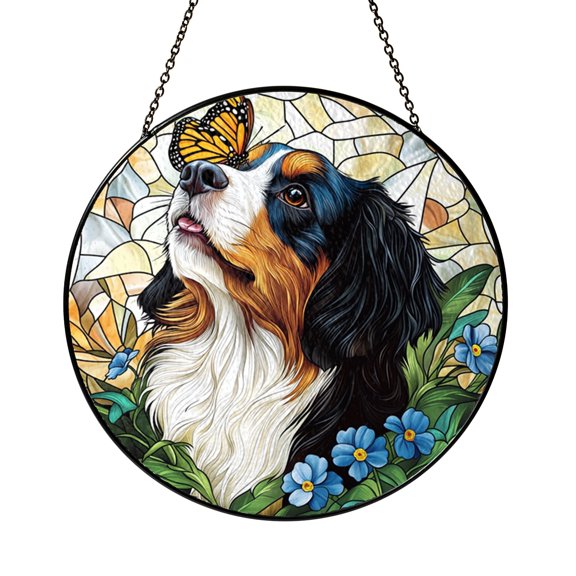 Mountain Dog Stained Glass Style Suncatcher Window Hanging, Decorative Canine Art Panel, Nature Inspired Animal Ornament, Rustic Home Window Accent, Gift for Dog Lovers