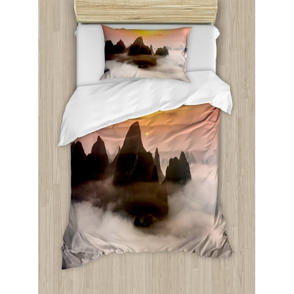 Mountain Duvet Cover Set, Chinese Mountains with Mist Clouds Horizon Sunset Dreamlike Surreal Picture, Decorative 2 Piece Bedding Set with 1 Pillow Shams, Twin Size, Orange Brown, by Ambesonne