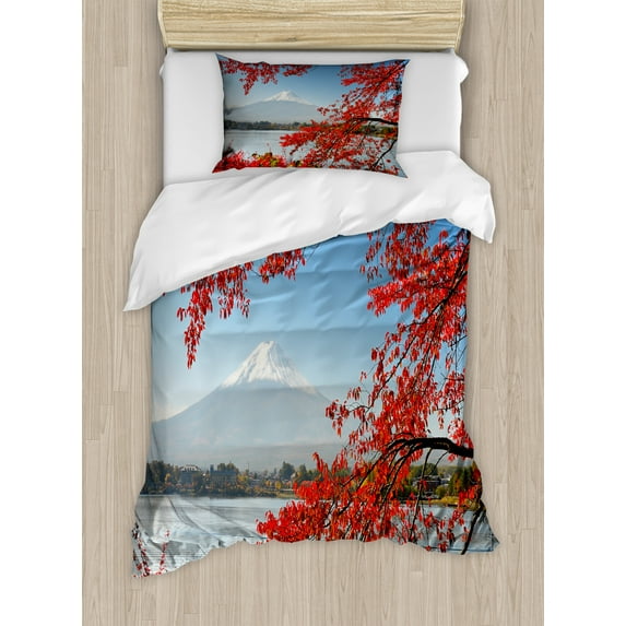 Mountain Duvet Cover Set, Far Away View of a Mountainous Area in Autumn, Decorative 2 Piece Bedding Set with 1 Pillow Shams, Twin Size, Vermilion Pale Sky Blue, by Ambesonne