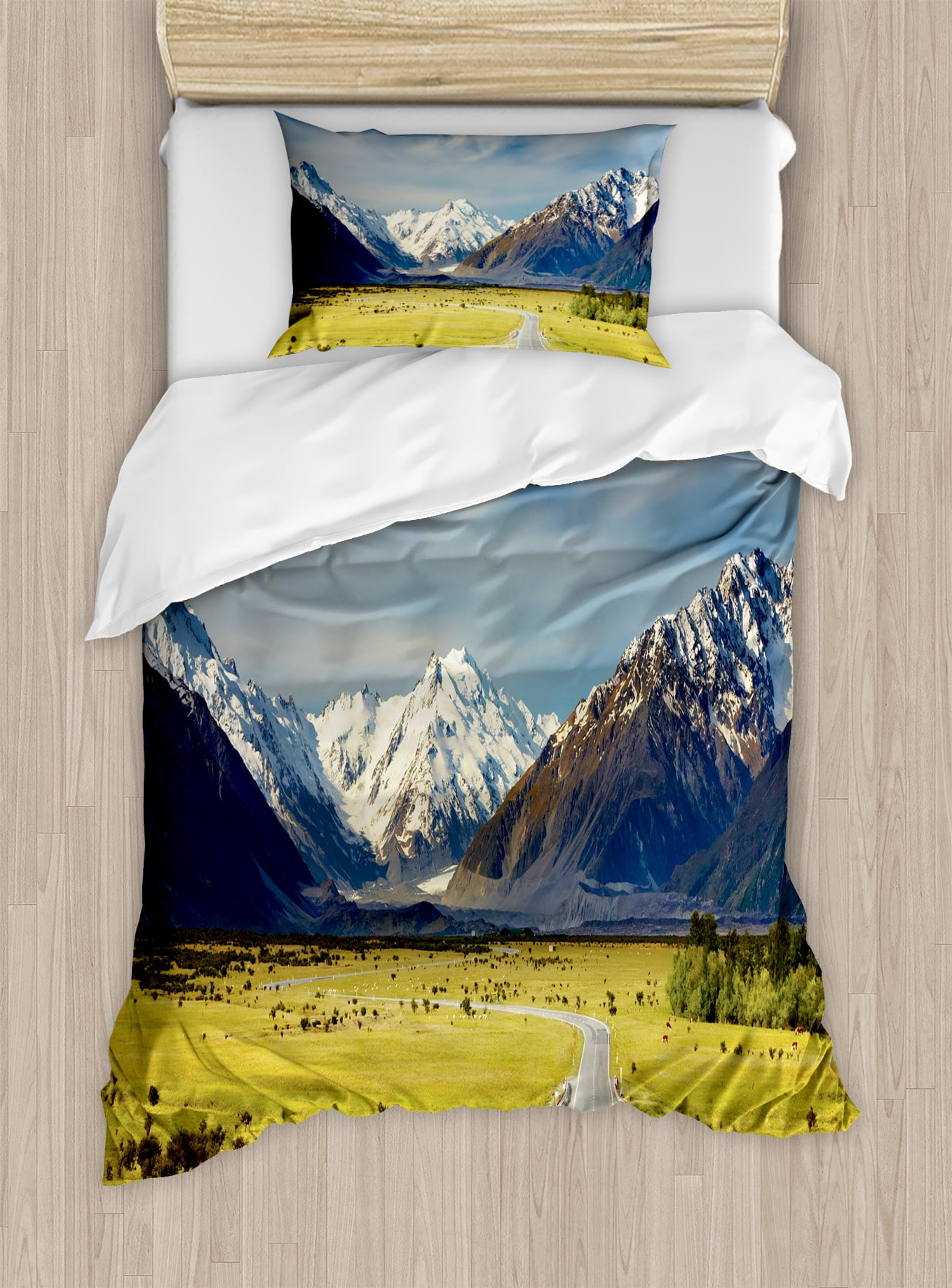 Twin Navy Blue White Landscape Mountain Duvet Cover Set