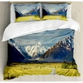 thumbnail image 1 of Mountain Duvet Cover Set, Landscape with Road and Snow Capped Mountains Southern Alps New Zealand, Decorative 3 Piece Bedding Set with 2 Pillow Shams, Queen Size, Navy Blue White Olive, by Ambesonne, 1 of 3