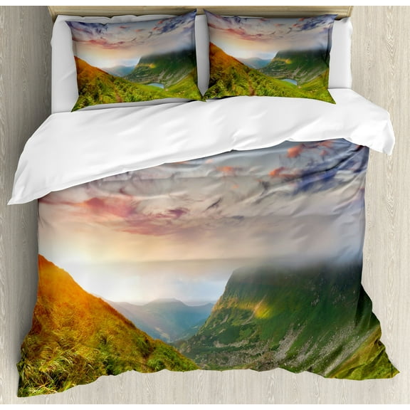 Mountain Duvet Cover Set, Majestic Sunrise in Hills Mottled Clouds Fresh Grass Serenity Morning Mist, Decorative 3 Piece Bedding Set with 2 Pillow Shams, Calking Size, Blue Green Orange, by Ambesonne