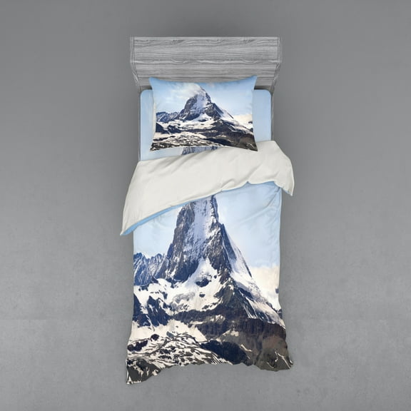 Mountain Duvet Cover Set, Matterhorn Summit Clouds Hill Scenery Glacier Natural Beauty Image Print, Bedding Set with Shams and Fitted Sheet, 3 Sizes, by Ambesonne