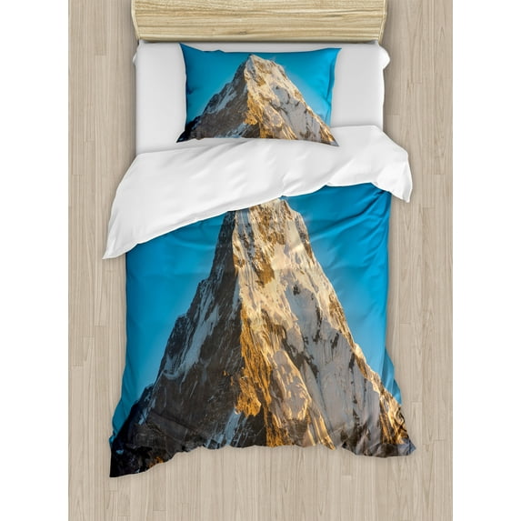 Mountain Duvet Cover Set, Panoramic Himalayas in Nepal Freezing Cold Terrain Tibetian Nature Adventure, Decorative 2 Piece Bedding Set with 1 Pillow Shams, Twin Size, Blue Brown, by Ambesonne