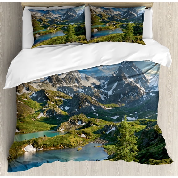 Mountain Duvet Cover Set Queen Size, Lake Between Snowy Altai Range of Mountains Siberia Meadow Natural Artwork Print, Decorative 3 Piece Bedding Set with 2 Pillow Shams, Multicolor, by Ambesonne