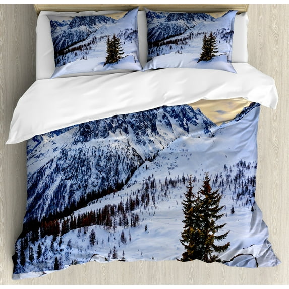 Mountain Duvet Cover Set Queen Size, Landscape of Snowy Mountain at Sunset Pine Trees Tranquility in Winter Theme, Decorative 3 Piece Bedding Set with 2 Pillow Shams, White Green, by Ambesonne