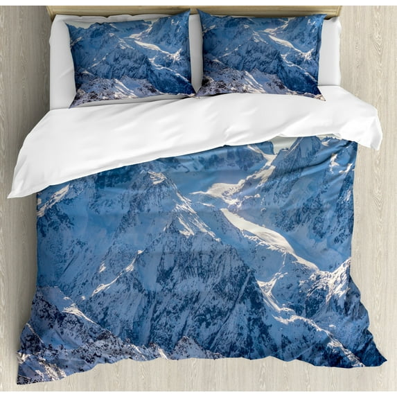 Mountain Duvet Cover Set Queen Size, Snowy Mountain Scene under the Sky Winter Wilderness Untrodden Nature Print, Decorative 3 Piece Bedding Set with 2 Pillow Shams, White and Blue, by Ambesonne