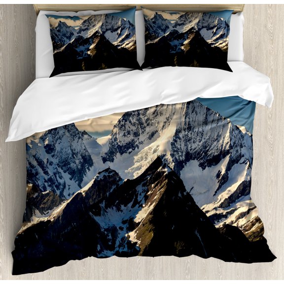 Mountain Duvet Cover Set Queen Size, Snowy Mountain Summit Clouds in the Sky Tranquility in Wild Nature Theme, Decorative 3 Piece Bedding Set with 2 Pillow Shams, White Black Blue, by Ambesonne