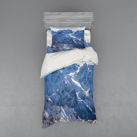 Mountain Duvet Cover Set, Snowy Mountain Scene Under the Sky Winter Wilderness Untrodden Nature Print, Bedding Set with Shams and Fitted Sheet, 3 Sizes, by Ambesonne