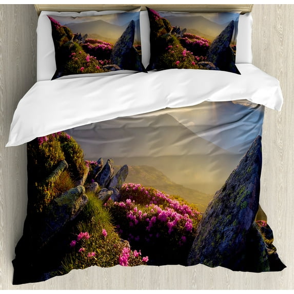 Mountain Duvet Cover Set, Sunrise in Valley Meadow with Rhododendrons Wildlife Idyllic Rural Scenery, Decorative 3 Piece Bedding Set with 2 Pillow Shams, King Size, Yellow Green Pink, by Ambesonne