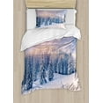 thumbnail image 1 of Mountain Duvet Cover Set Twin Size, Idyllic Winter Morning in Woodland Rising Sun Pine Trees Forest Snowy Foggy, Decorative 2 Piece Bedding Set with 1 Pillow Sham, Pale Pink White, by Ambesonne, 1 of 3