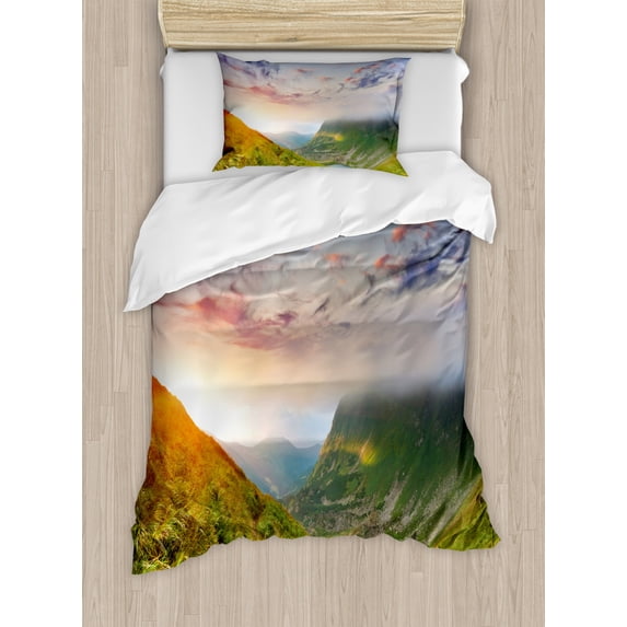 Mountain Duvet Cover Set Twin Size, Majestic Sunrise in Hills Mottled Clouds Fresh Grass Serenity Morning Mist, Decorative 2 Piece Bedding Set with 1 Pillow Sham, Blue Green Orange, by Ambesonne