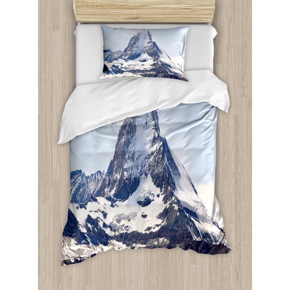 Mountain Duvet Cover Set Twin Size, Matterhorn Summit with Clouds Mountain Scenery Glacier Natural Beauty Image, Decorative 2 Piece Bedding Set with 1 Pillow Sham, Blue White Black, by Ambesonne