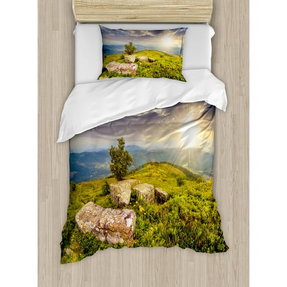 Mountain Duvet Cover Set Twin Size, Small Tree Behind Boulders Hillside Grass Greenery Meadow Scenic Dramatic, Decorative 2 Piece Bedding Set with 1 Pillow Sham, Green Yellow Blue, by Ambesonne